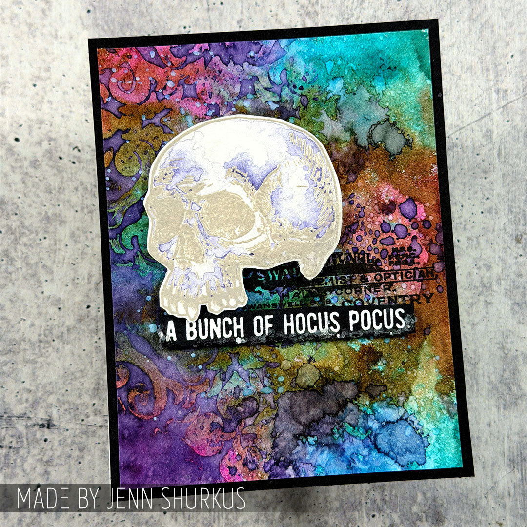 Tim Holtz Clear Stamps and Stencil Foreboding, Deco Arch, Script thmm200 hocus pocus watercolor card jenn shurkus