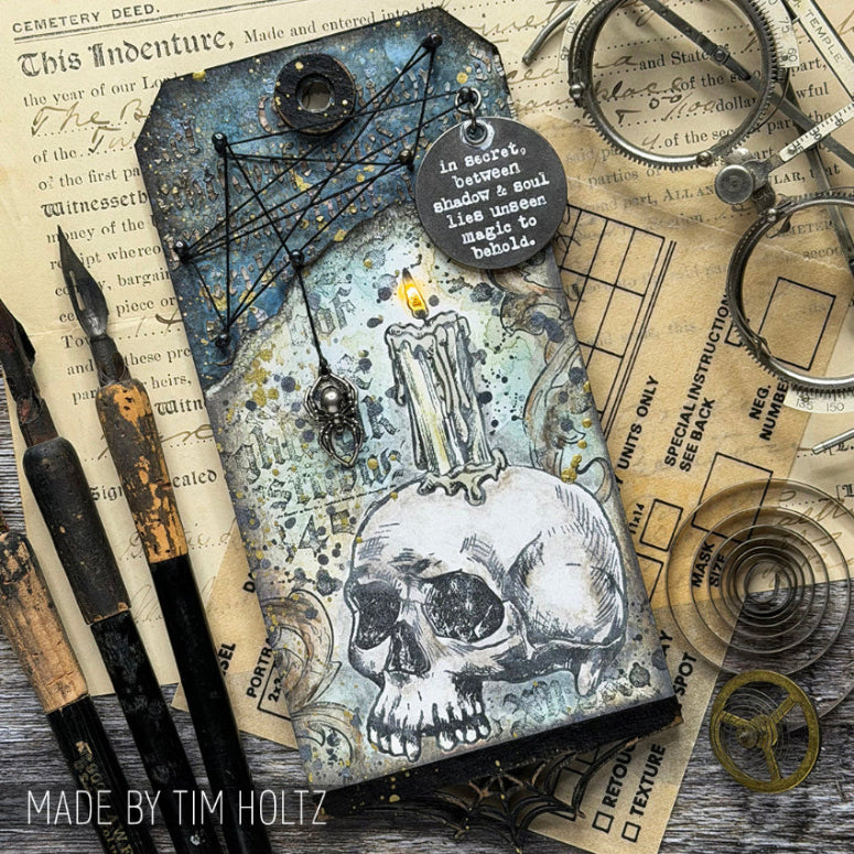 Tim Holtz Clear Stamps and Stencil Foreboding, Deco Arch, Script thmm200 skull and candle tag tim holtz