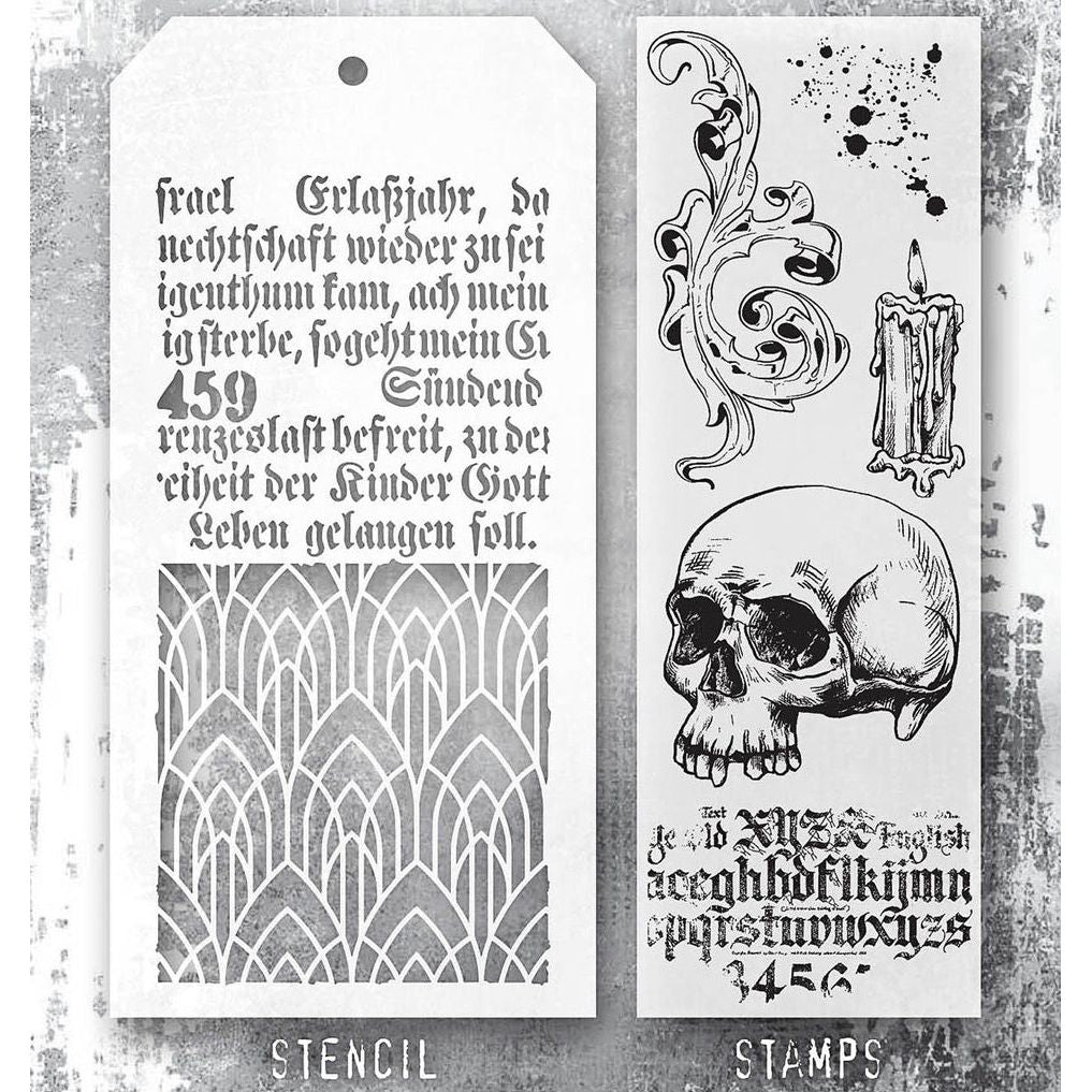 Tim Holtz Clear Stamps and Stencil Foreboding, Deco Arch, Script thmm200 stamp and stencil image