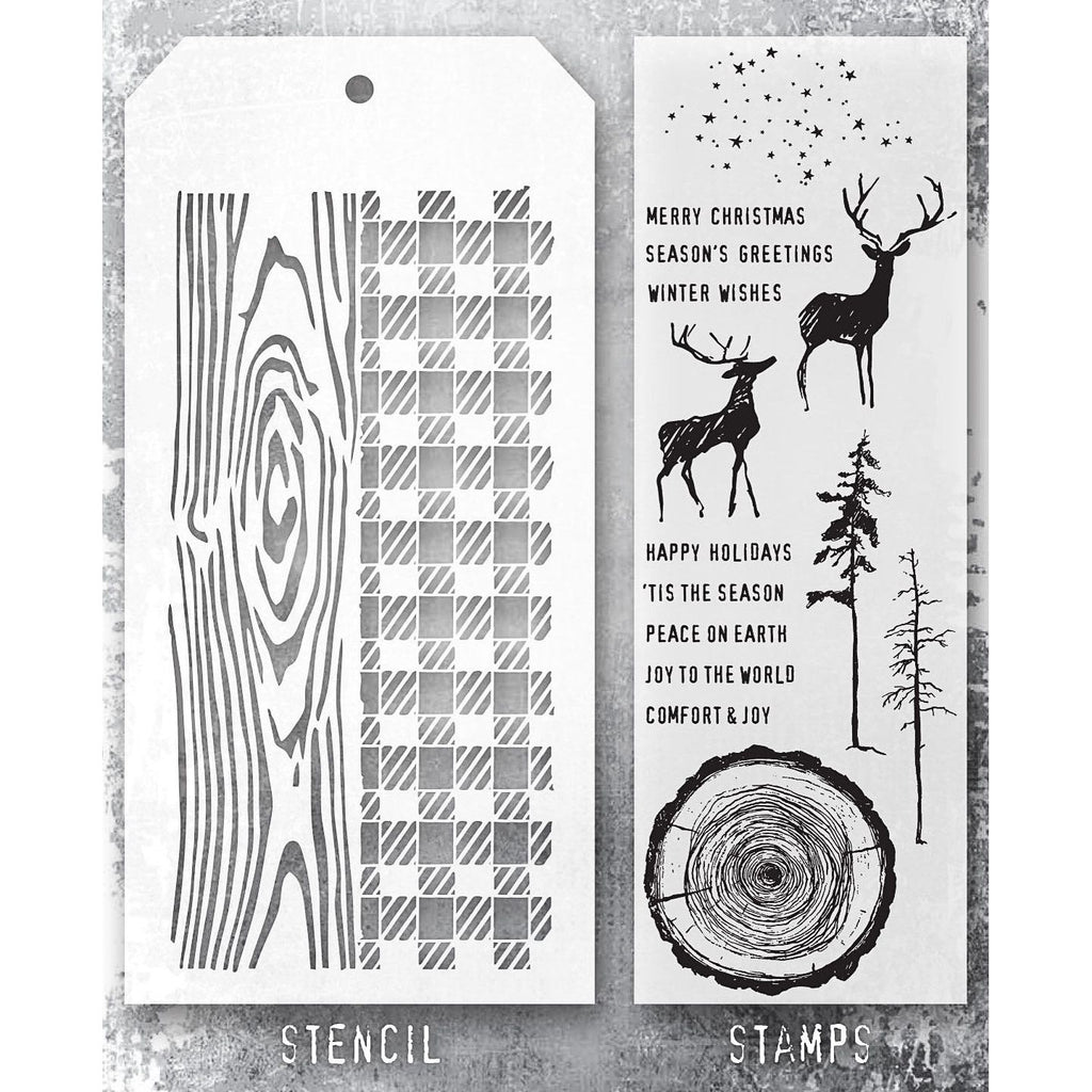 Tim Holtz Clear Stamps and Stencil Great Outdoors, Woodgrain and Gingham thmm157 product image