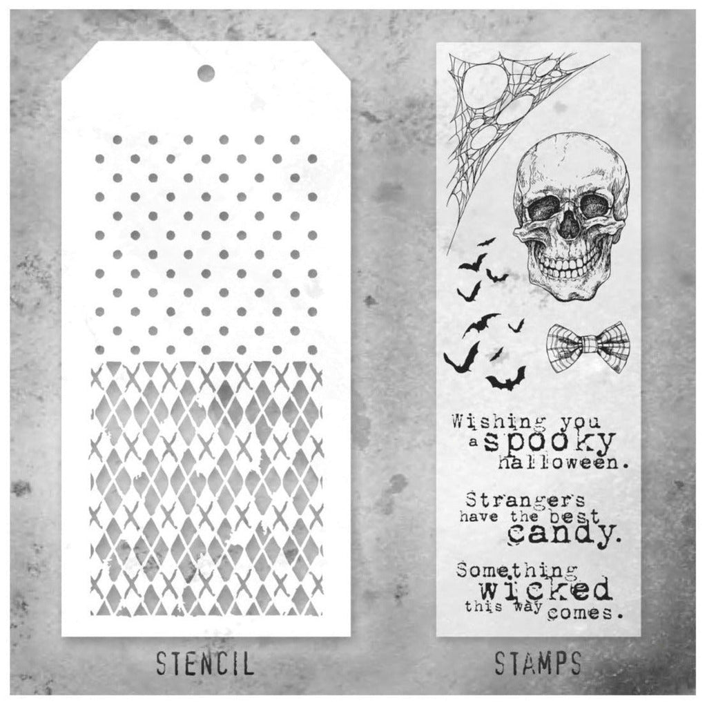 Tim Holtz Clear Stamps and Stencil Halloween Collection, Polkadot, Argyle thmm128 sides