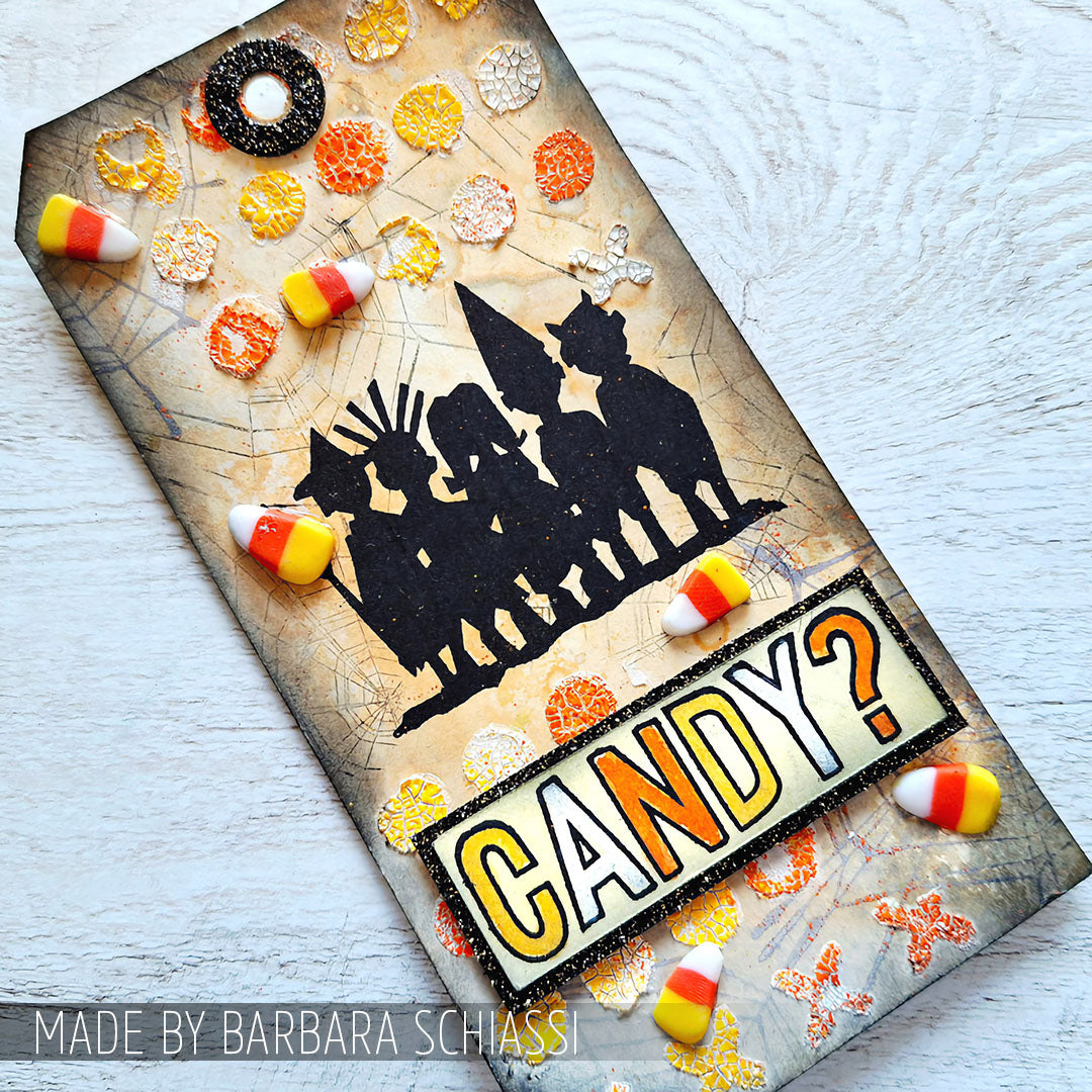 Tim Holtz Clear Stamps and Stencil Halloween Cutouts, Pumpkins, Halloween thmm203 candy trick or treat tag barbara schiassi