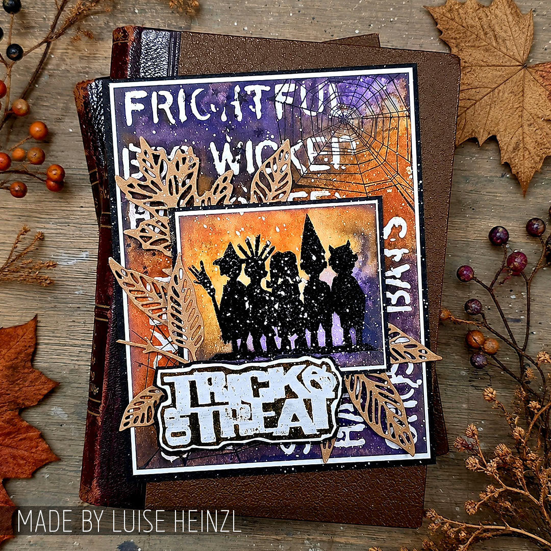 Tim Holtz Clear Stamps and Stencil Halloween Cutouts, Pumpkins, Halloween thmm203 watercolor trick or treaters card luise heinzl