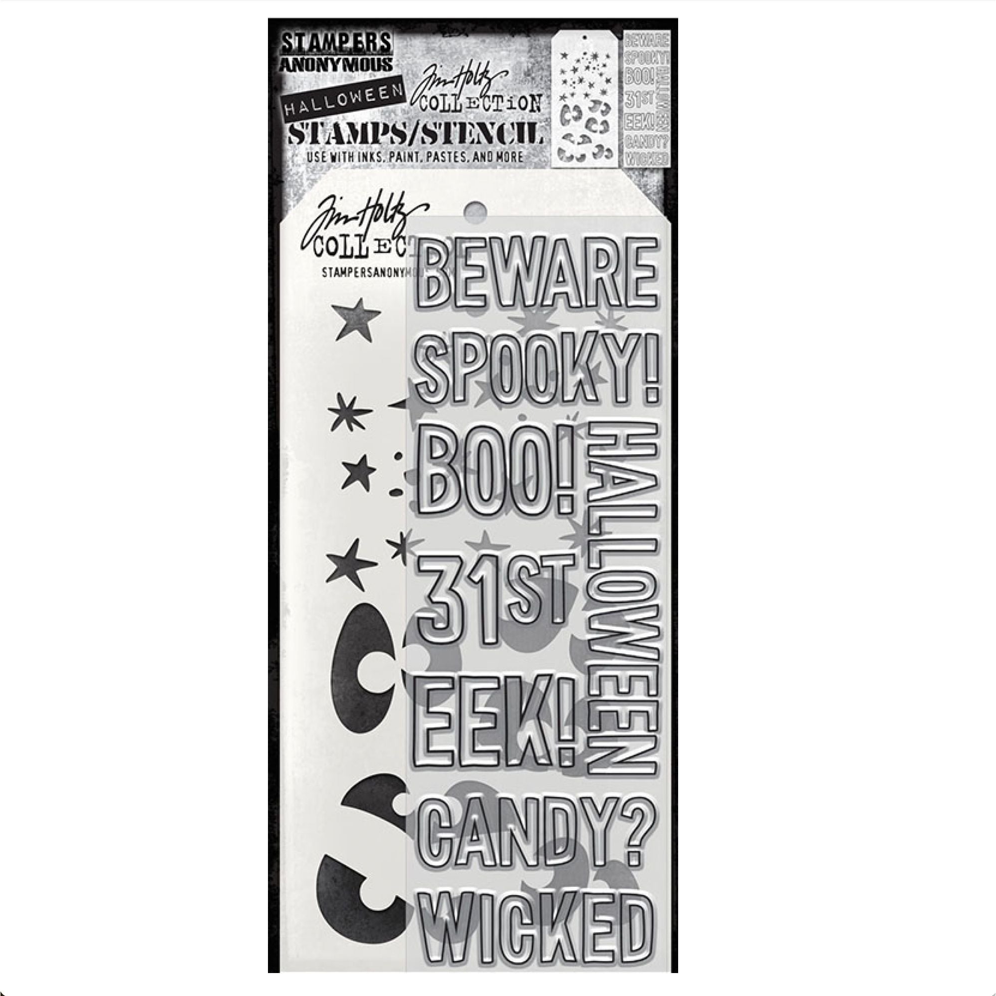 Tim Holtz Clear Stamps and Stencil Halloween Outlines, Peekaboo, Spellbound thmm199