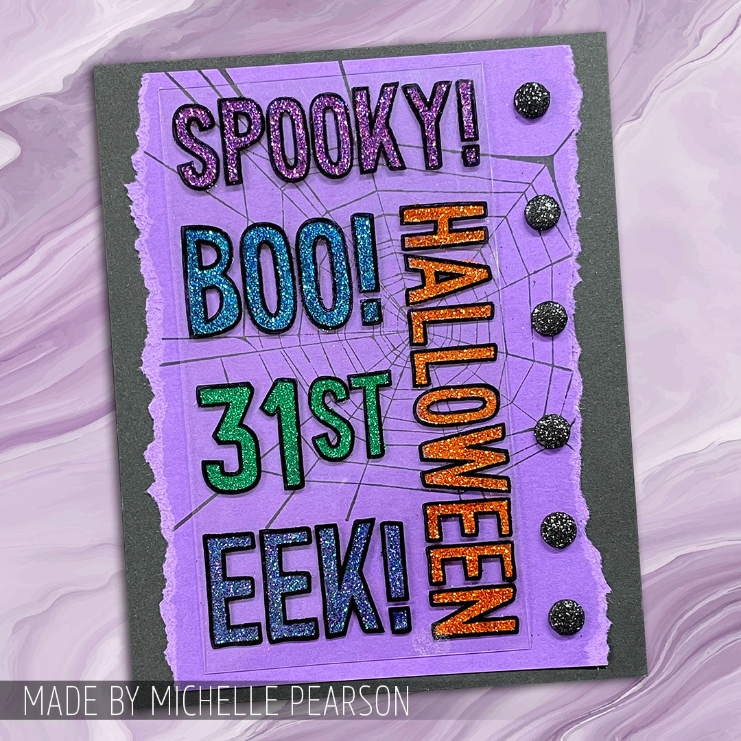 Tim Holtz Clear Stamps and Stencil Halloween Outlines, Peekaboo, Spellbound thmm199 glitter halloween card michelle pearson