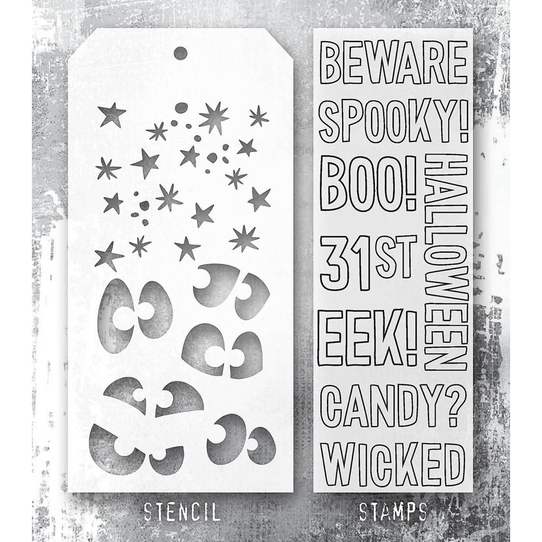 Tim Holtz Clear Stamps and Stencil Halloween Outlines, Peekaboo, Spellbound thmm199 stamp and stencil image