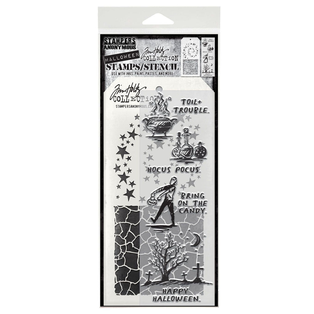Tim Holtz Clear Stamps and Stencil Halloween Sketch, Crackle, Hocus Pocus thmm193