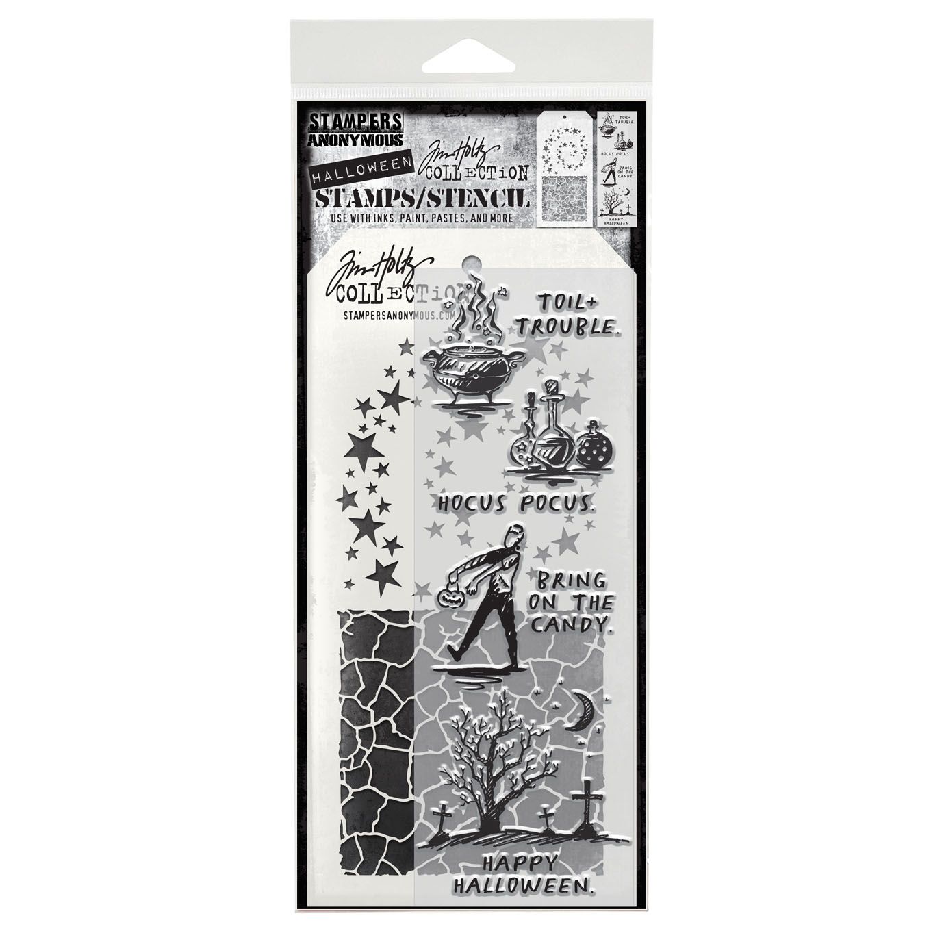 Tim Holtz Clear Stamps and Stencil Halloween Sketch, Crackle, Hocus Pocus thmm193