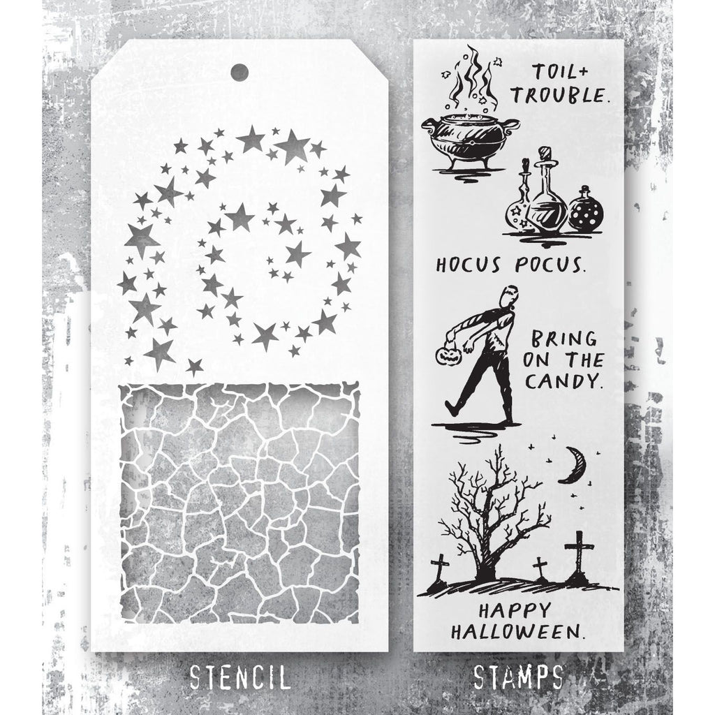 Tim Holtz Clear Stamps and Stencil Halloween Sketch, Crackle, Hocus Pocus thmm193 image 1