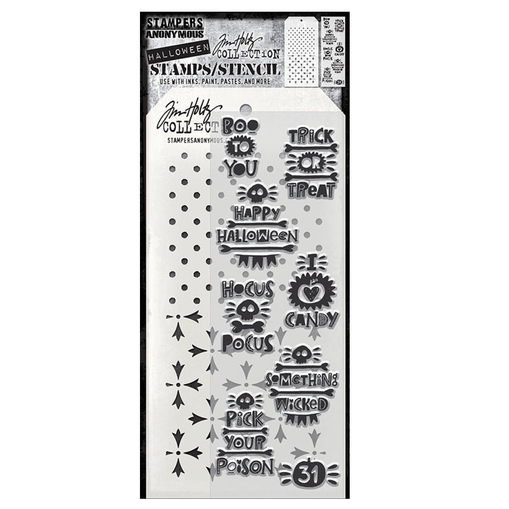 Tim Holtz Clear Stamps and Stencil Halloween Tidbits, Crossed, Polkadot thmm204