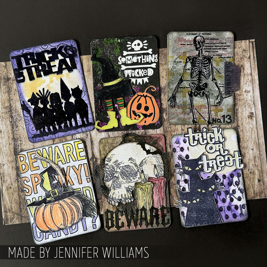 Tim Holtz Clear Stamps and Stencil Halloween Tidbits, Crossed, Polkadot thmm204 spooky beware skeleton cards jennifer williams