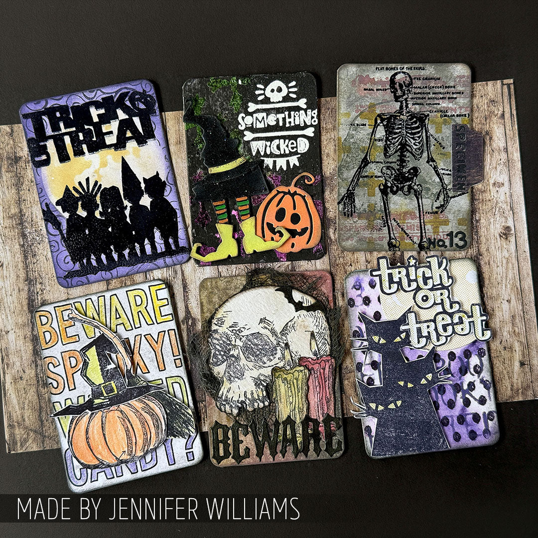 Tim Holtz Clear Stamps and Stencil Halloween Tidbits, Crossed, Polkadot thmm204 spooky beware skeleton cards jennifer williams