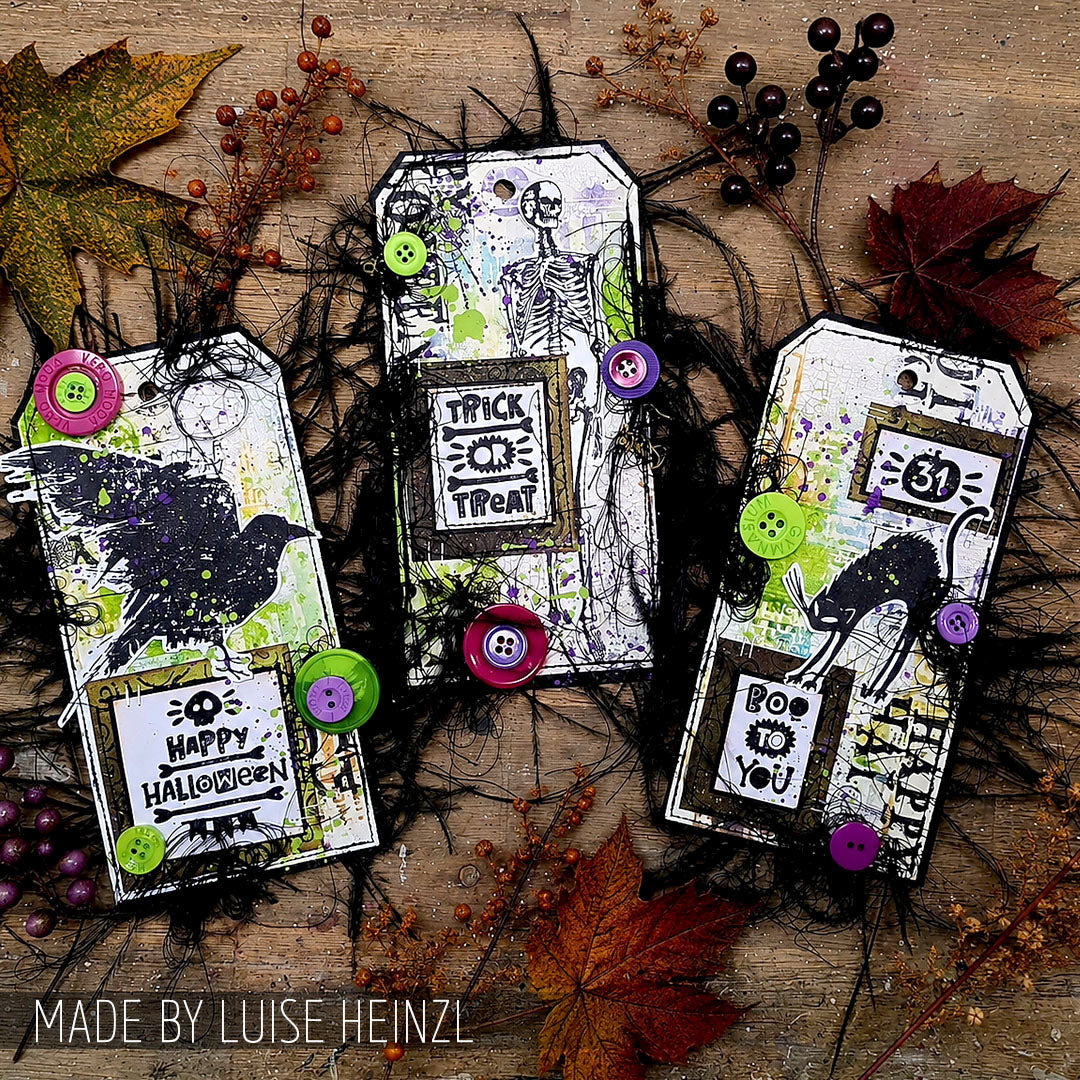 Tim Holtz Clear Stamps and Stencil Halloween Tidbits, Crossed, Polkadot thmm204 spooky halloween tags luise heinzl