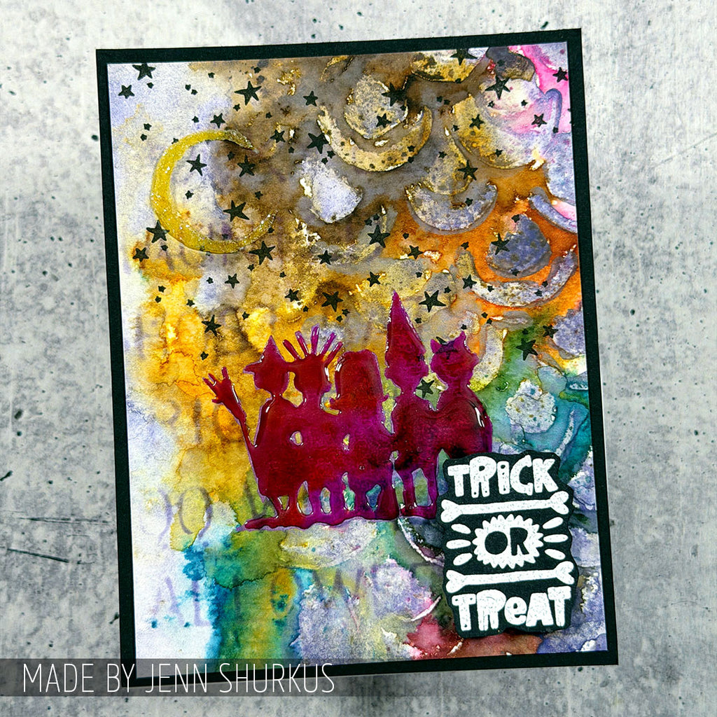 Tim Holtz Clear Stamps and Stencil Halloween Tidbits, Crossed, Polkadot thmm204 trick or treat watercolor card jenn shurkus