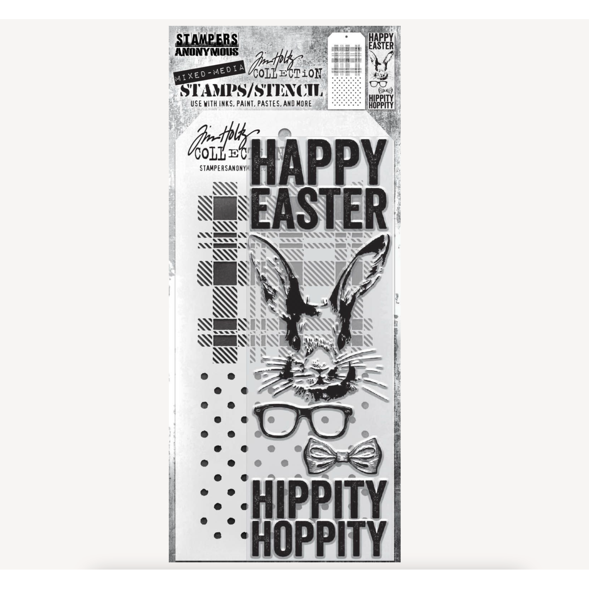 Tim Holtz Clear Stamps and Stencil Hipster Bunny, Plaid and
