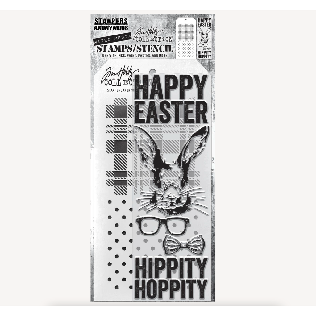 Tim Holtz Clear Stamps and Stencil Hipster Bunny, Plaid and Polkadot thmm164