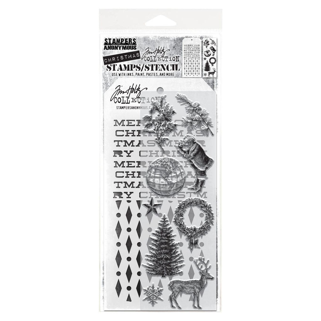 Tim Holtz Clear Stamps and Stencil Holiday Things, Diamond Dot and Merry Christmas thmm152