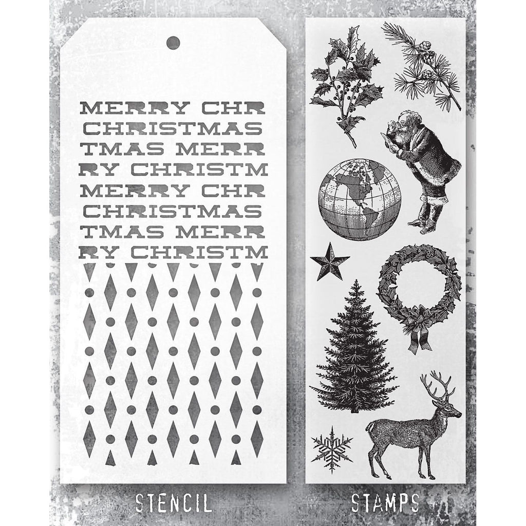 Tim Holtz Clear Stamps and Stencil Holiday Things, Diamond Dot and Merry Christmas thmm152 product image