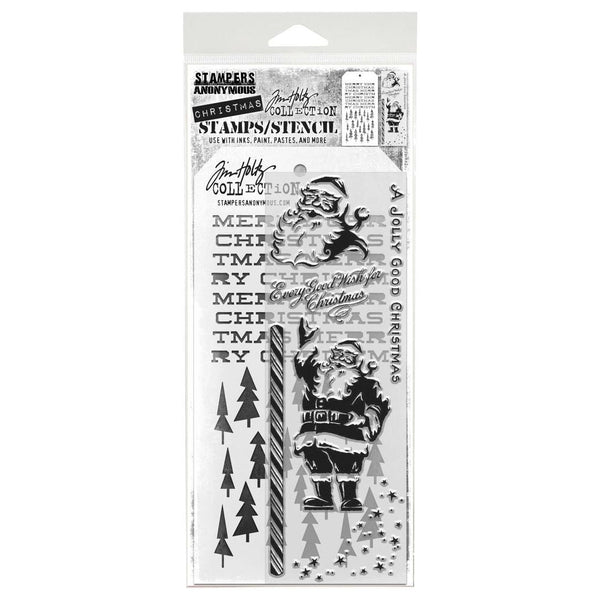 Tim Holtz Clear Stamps and Stencil Jolly Holiday, Tree Lot, Merry