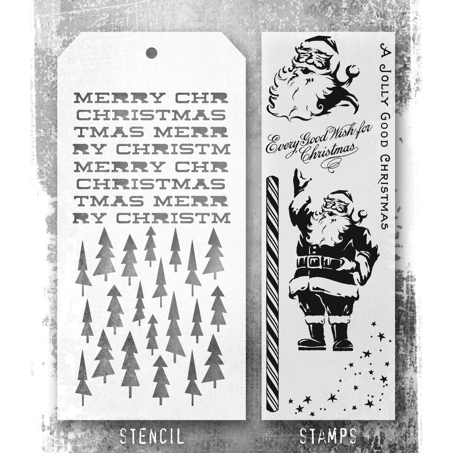 Tim Holtz スタンプ まとめ売り Tim Holtz Clear Stamps and Stencil Jolly Holiday, Tree Lot, Merry
