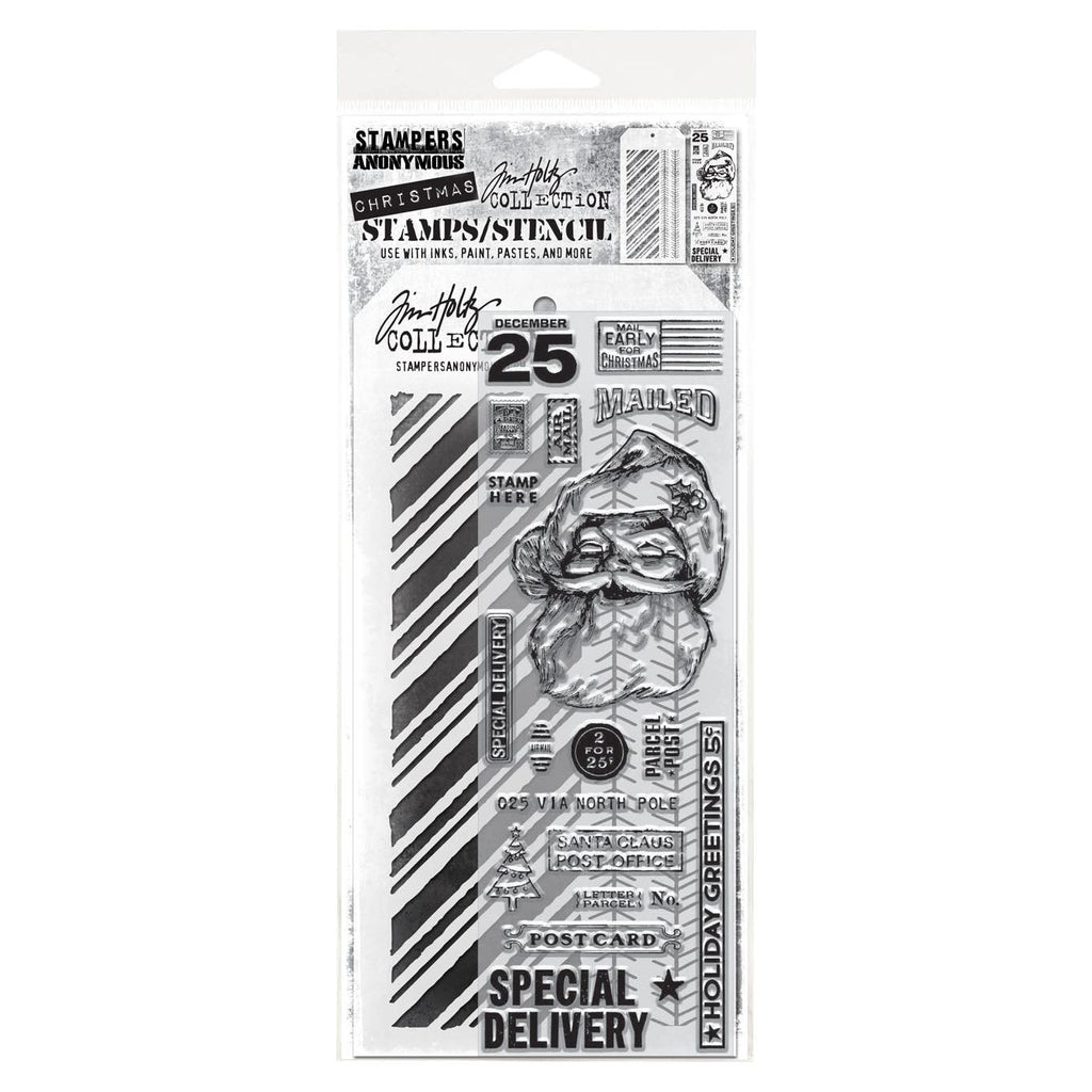 Tim Holtz Clear Stamps and Stencil Jolly Santa, Peppermint and Tinsel thmm154