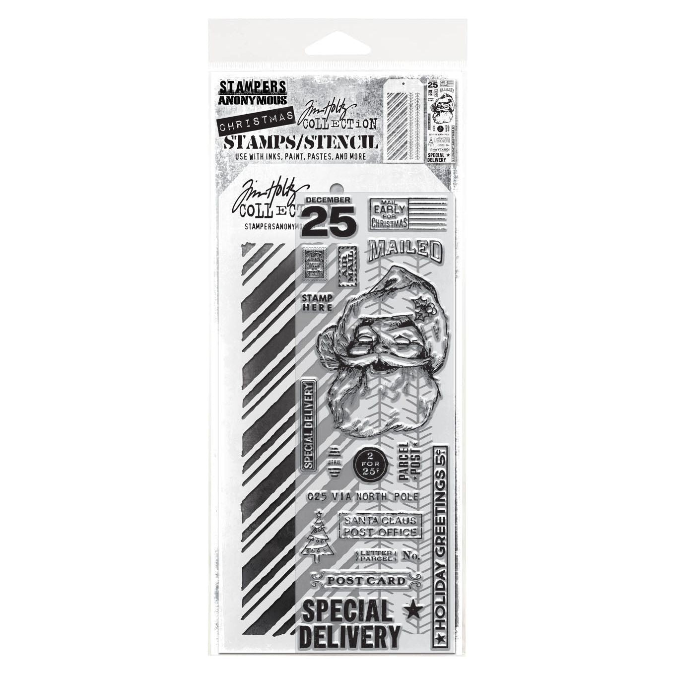 Tim Holtz Clear Stamps and Stencil Jolly Santa, Peppermint and Tinsel thmm154