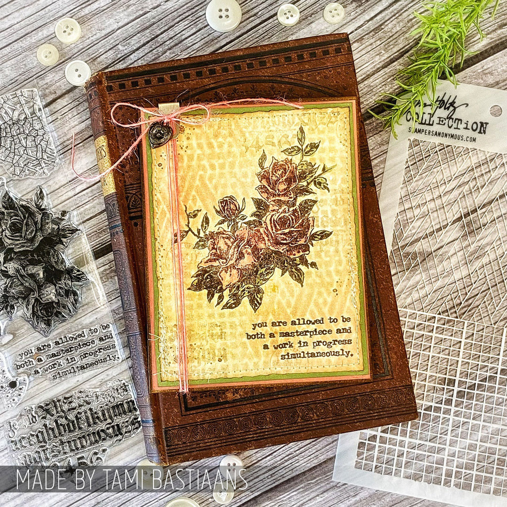 Tim Holtz Clear Stamps and Stencil Lady Rose, Woven and Linen thmm119 pink bow