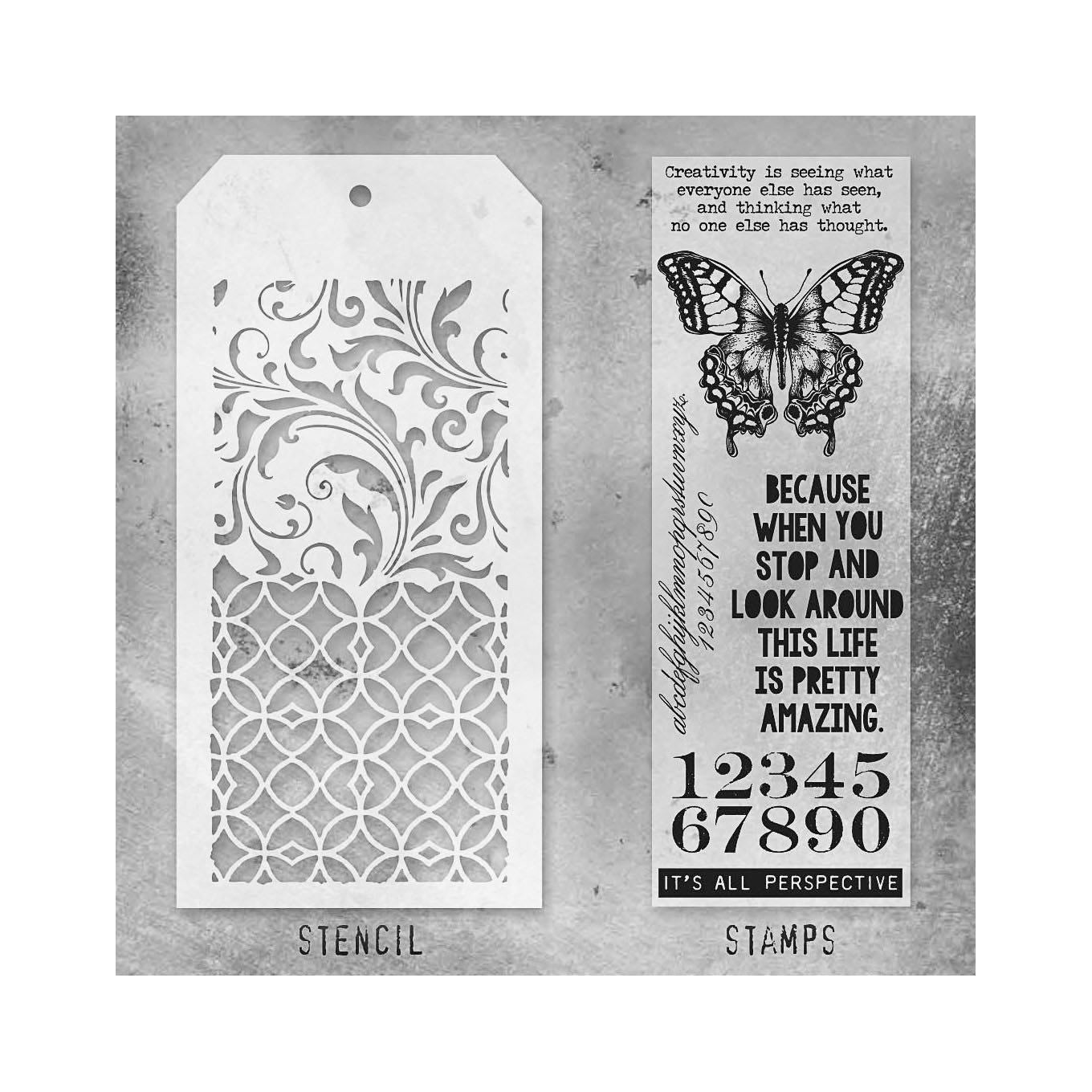 Tim Holtz Clear Stamps and Stencil Perspective, Flourish and