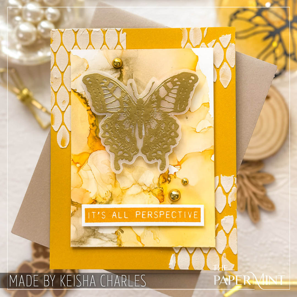 Tim Holtz Clear Stamps and Stencil Perspective, Flourish and Latticework thmm115 yellow
