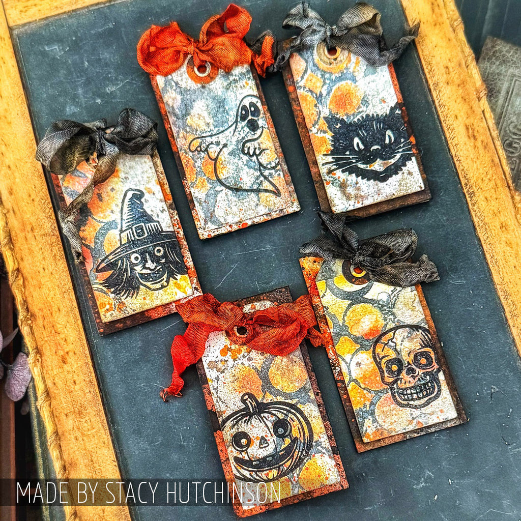 Tim Holtz Clear Stamps and Stencil Retro Frights, Ringer, Twinkle thmm198 cute tags