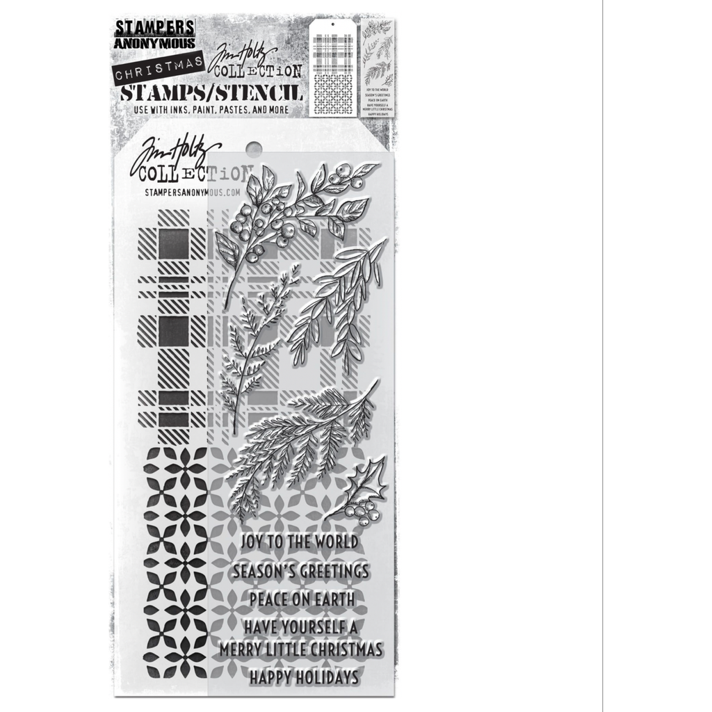 Tim Holtz Clear Stamps and Stencil Sketch Greenery, Plaid and Nordic thmm132