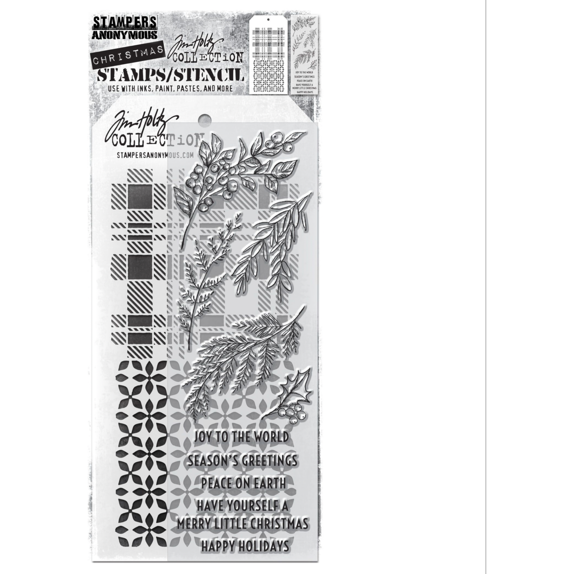 Tim Holtz Clear Stamps and Stencil Sketch Greenery, Plaid and Nordic thmm132