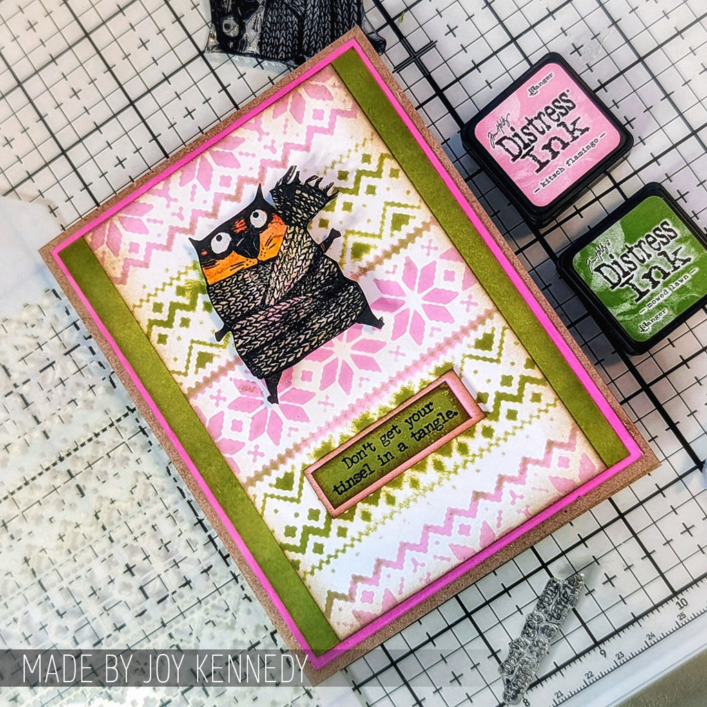 Tim Holtz Clear Stamps and Stencil Snarky Cat Christmas, Holiday Knit and Pines thmm134 tinsel
