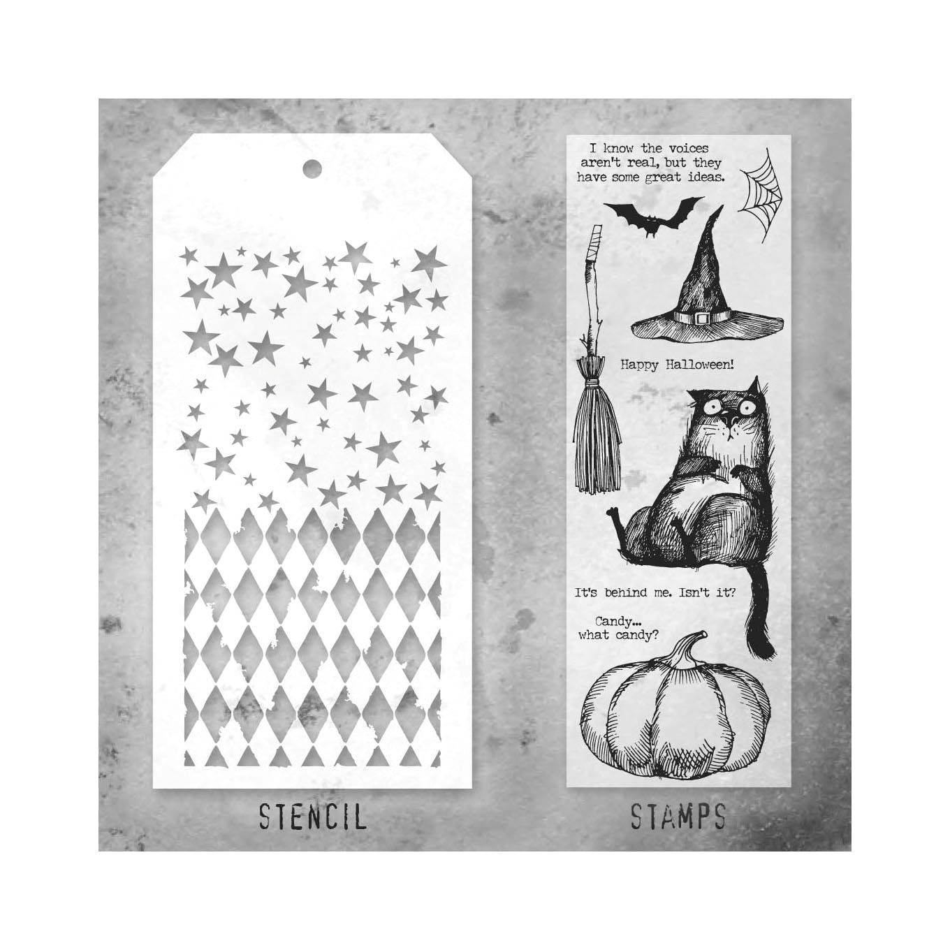 Tim Holtz Clear Stamps and Stencil Snarky Cat Hallowen, Falling Stars and Harlequin thmm125 product image