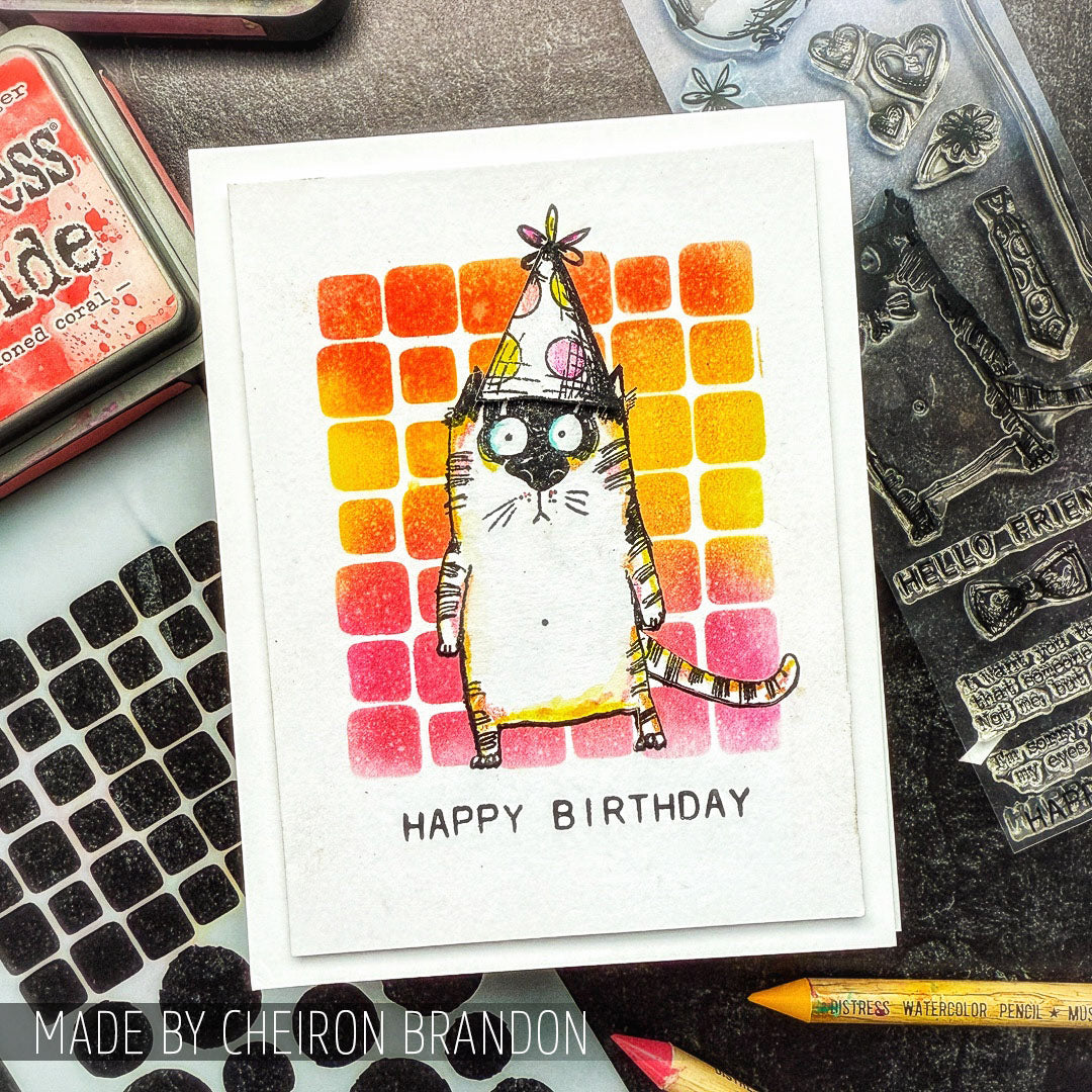 Tim Holtz Clear Stamps and Stencil Snarky Cat, Tiles, and Splotches thmm109 birthday