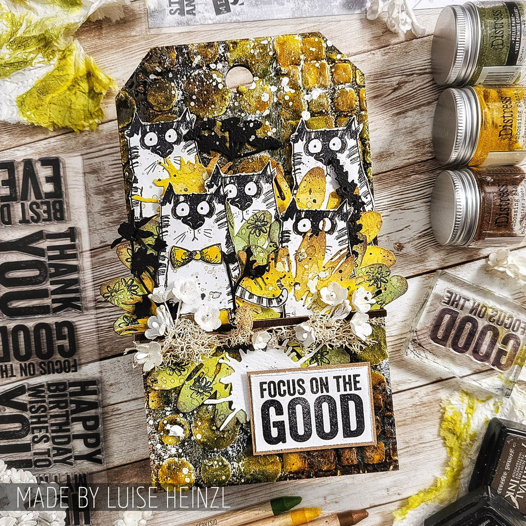 Tim Holtz Clear Stamps and Stencil Snarky Cat, Tiles, and Splotches thmm109 focus