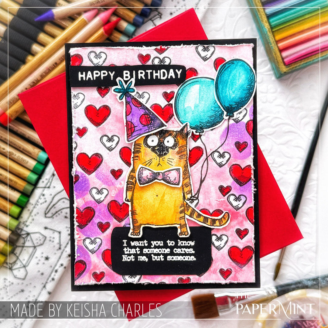 Tim Holtz Clear Stamps and Stencil Snarky Cat, Tiles, and Splotches thmm109 hearts