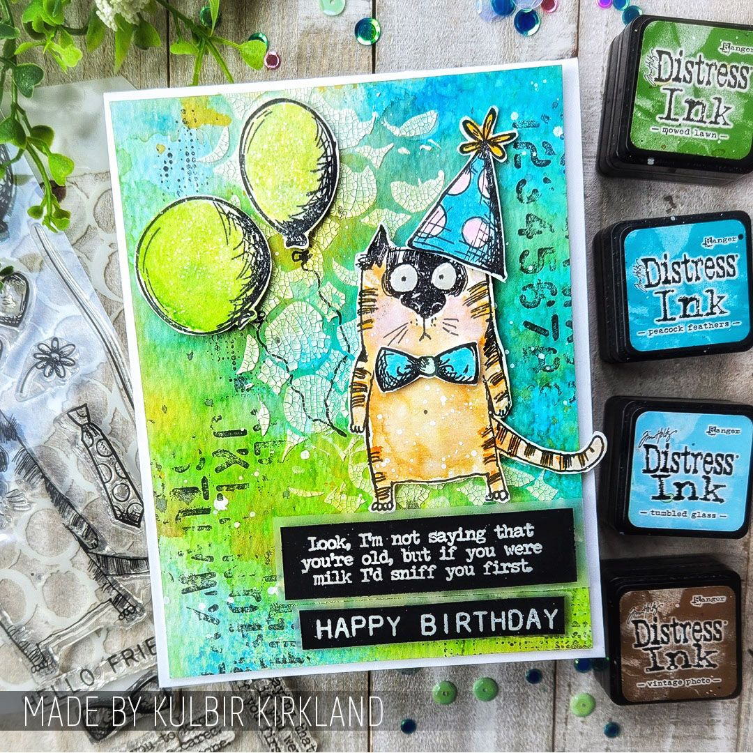 Tim Holtz Clear Stamps and Stencil Snarky Cat, Tiles, and Splotches thmm109 party hat
