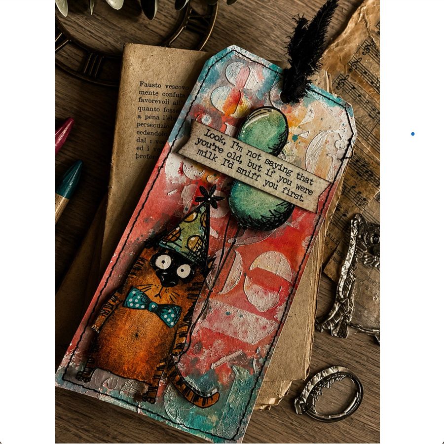 Tim Holtz Clear Stamps and Stencil Snarky Cat, Tiles, and Splotches thmm109 you're old cat tag zoey scarpelli