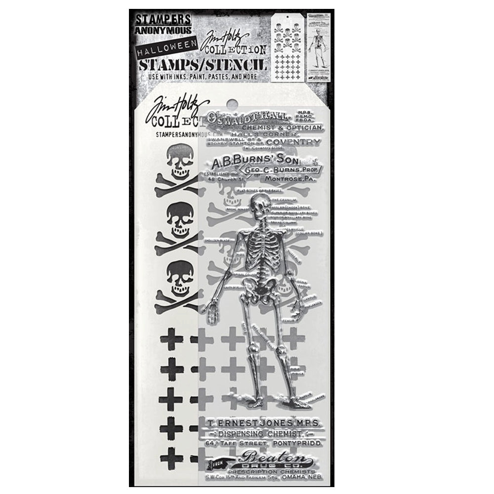 Tim Holtz Clear Stamps and Stencil The Chemist, Plus, Crossbones thmm202
