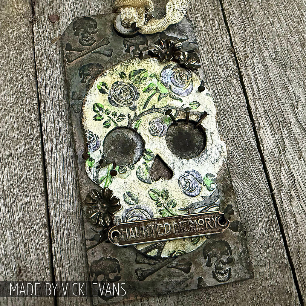 Tim Holtz Clear Stamps and Stencil The Chemist, Plus, Crossbones thmm202 skull and crossbones haunted tag vicki evans