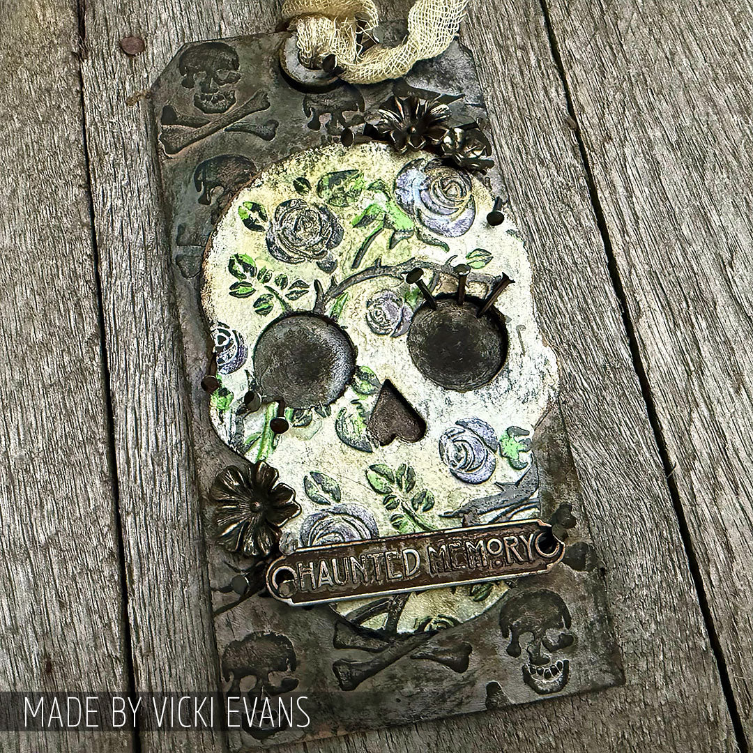 Tim Holtz Clear Stamps and Stencil The Chemist, Plus, Crossbones thmm202 skull and crossbones haunted tag vicki evans