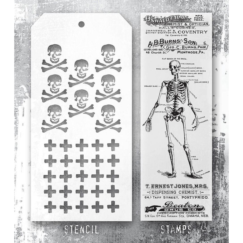 Tim Holtz Clear Stamps and Stencil The Chemist, Plus, Crossbones thmm202 stamp and stencil image