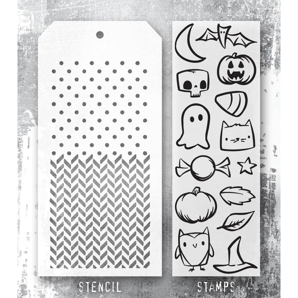 Tim Holtz Clear Stamps and Stencil Tiny Frights, Polkadot, Herringbone thmm168