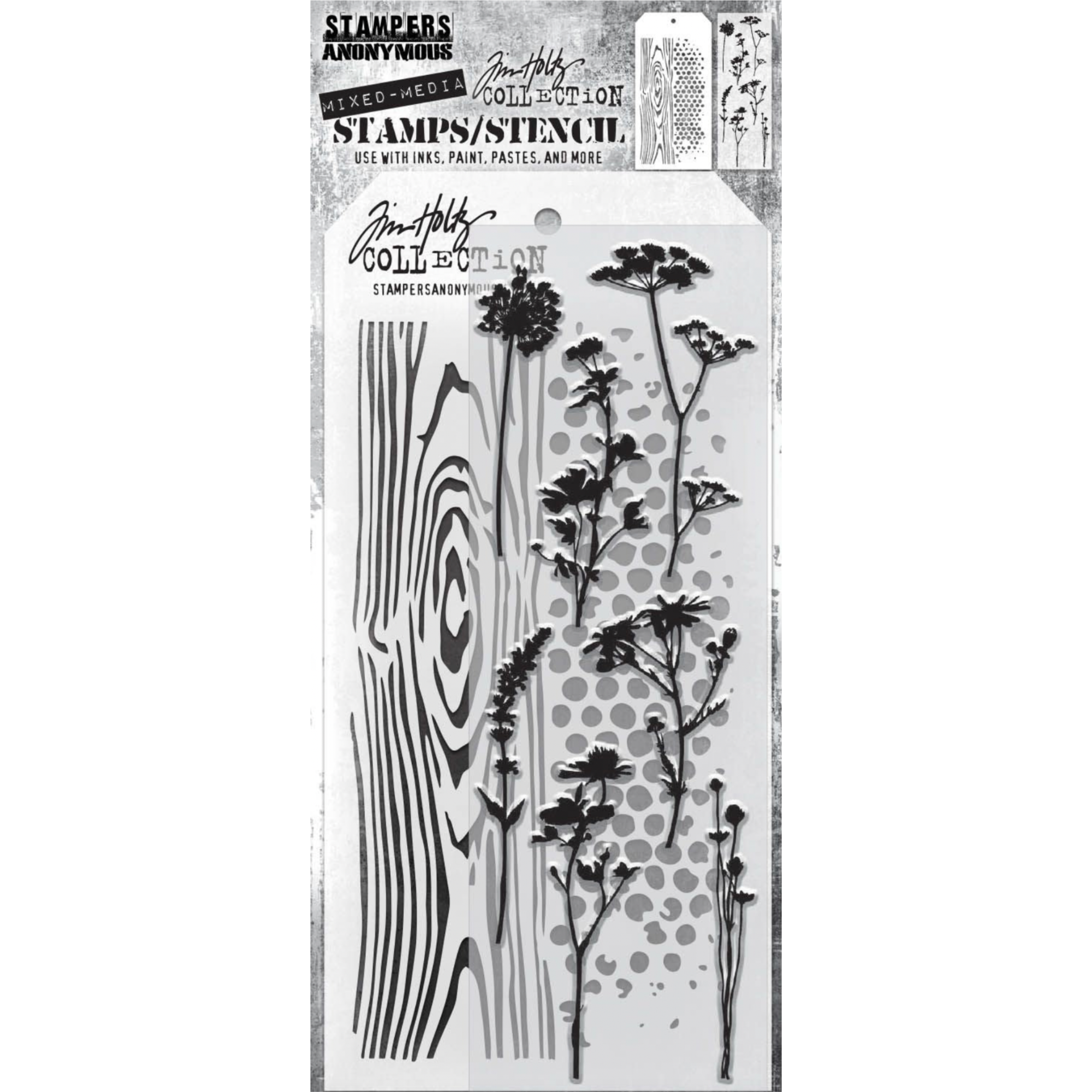 Tim Holtz Clear Stamps and Stencil Wildflower Silhouettes, Woodgrain, and Dot Fade thmm159