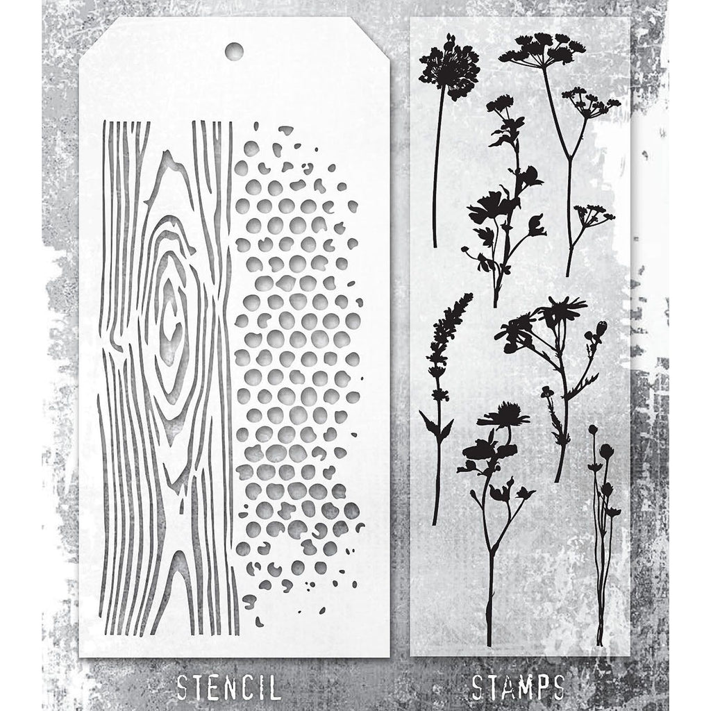 Tim Holtz Clear Stamps and Stencil Wildflower Silhouettes, Woodgrain, and Dot Fade thmm159 product image
