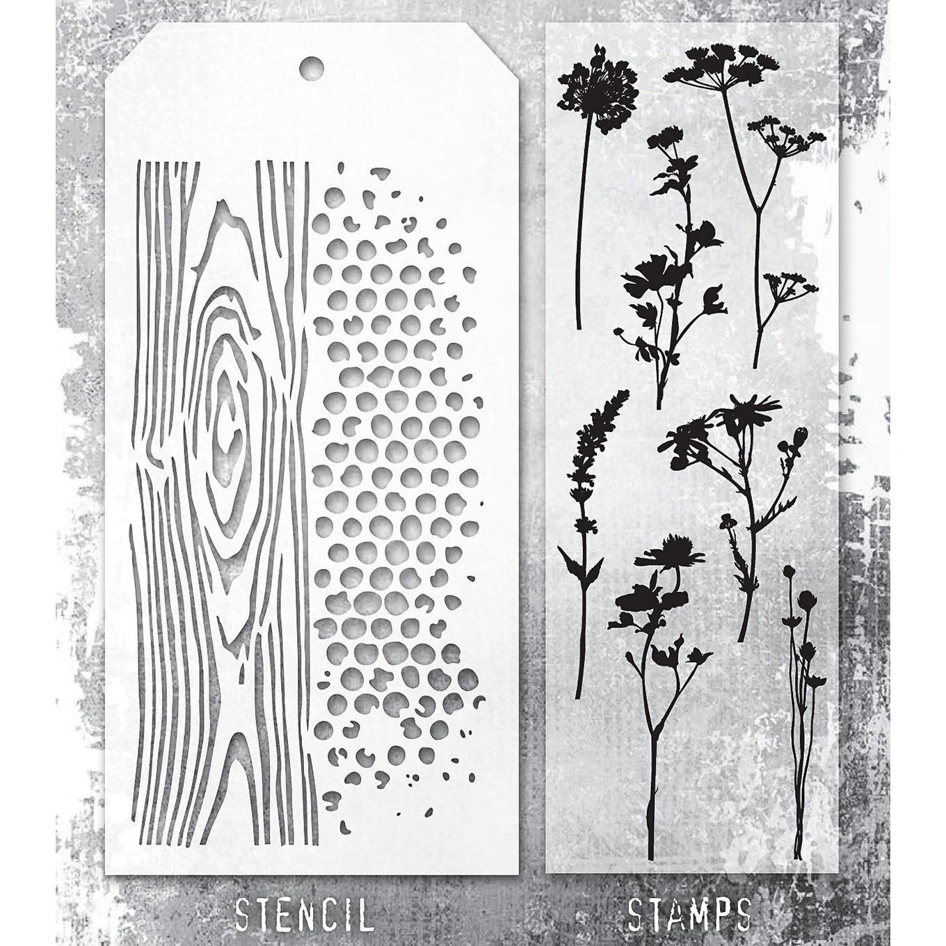 Tim Holtz Clear Stamps and Stencil Wildflower Silhouettes, Woodgrain, and Dot Fade thmm159 product image