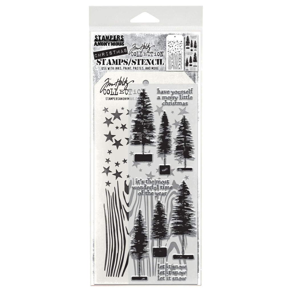 Tim Holtz Clear Stamps and Stencils Bottlebrush Trees, Woodgrain, Falling Stars thmm173