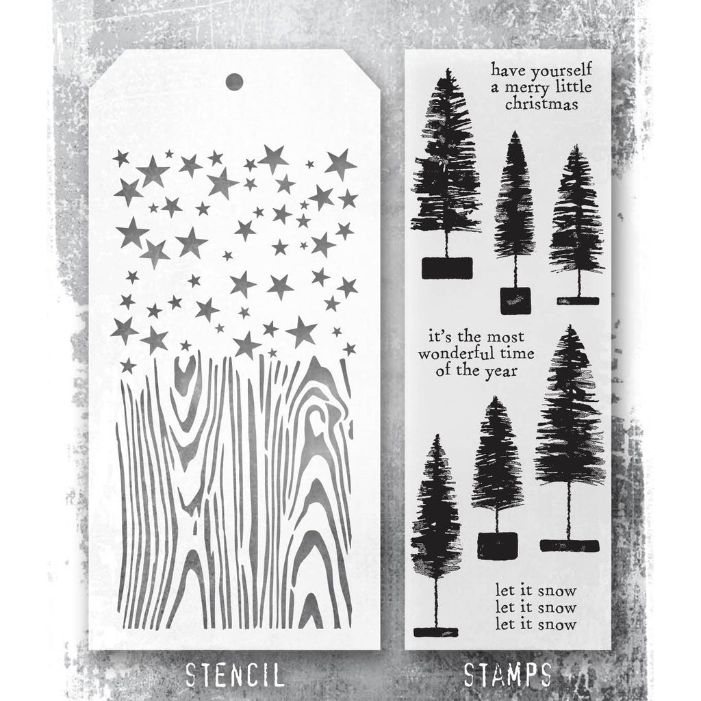 Tim Holtz Clear Stamps and Stencils Bottlebrush Trees, Woodgrain, Falling Stars thmm173 product image
