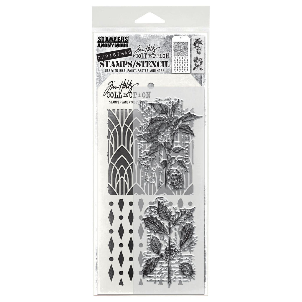 Tim Holtz Clear Stamps and Stencils Festive Collage, Deco Arch, Diamond Dots thmm175